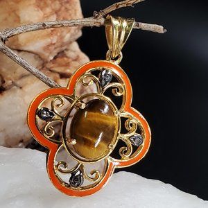 18kt Gold/Silver 925 Pendant Tiger Eye Stone/African Raw Diamonds